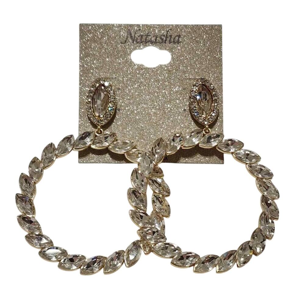 Natasha Gold Tone Marquise Crystal Statement Hoop Drop Earrings Clear Rhinestone
